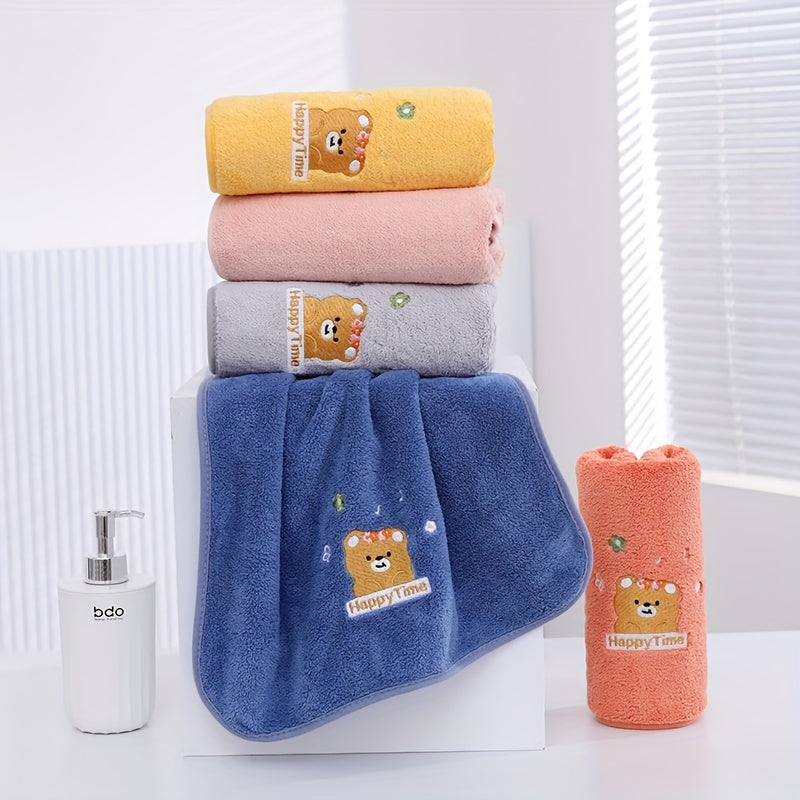 Cute Bear Embroidered Hand Towel, Quick Drying Coral Fleece Face Towel