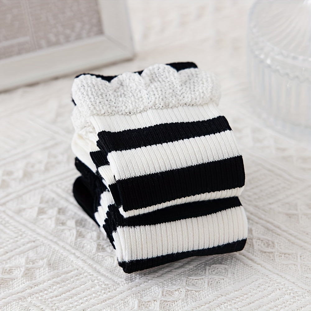 Striped Ruffle Socks 2 Pairs Comfy Mid Tube Socks Women's Stockings