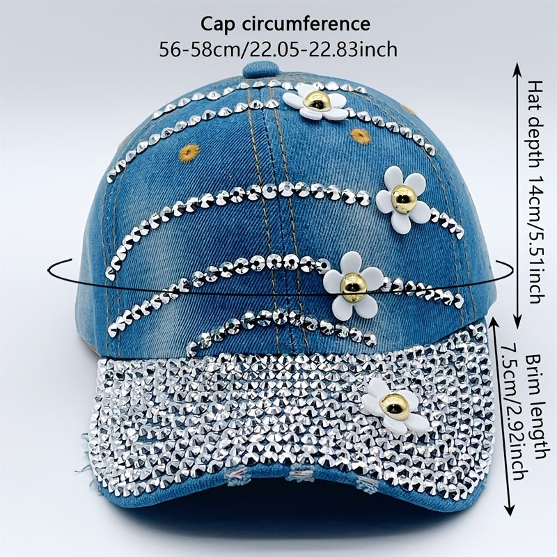 Rhinestone Flower Decor Baseball Cap Washed Distressed Denim Sun Hat