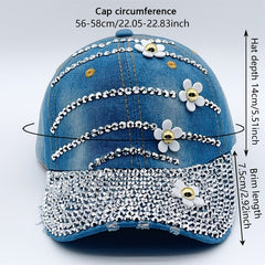 Rhinestone Flower Decor Baseball Cap Washed Distressed Denim Sun Hat