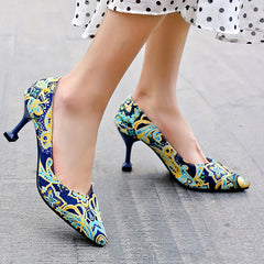 Floral Print Stiletto Heels Pointed Toe Slip-On Shoes