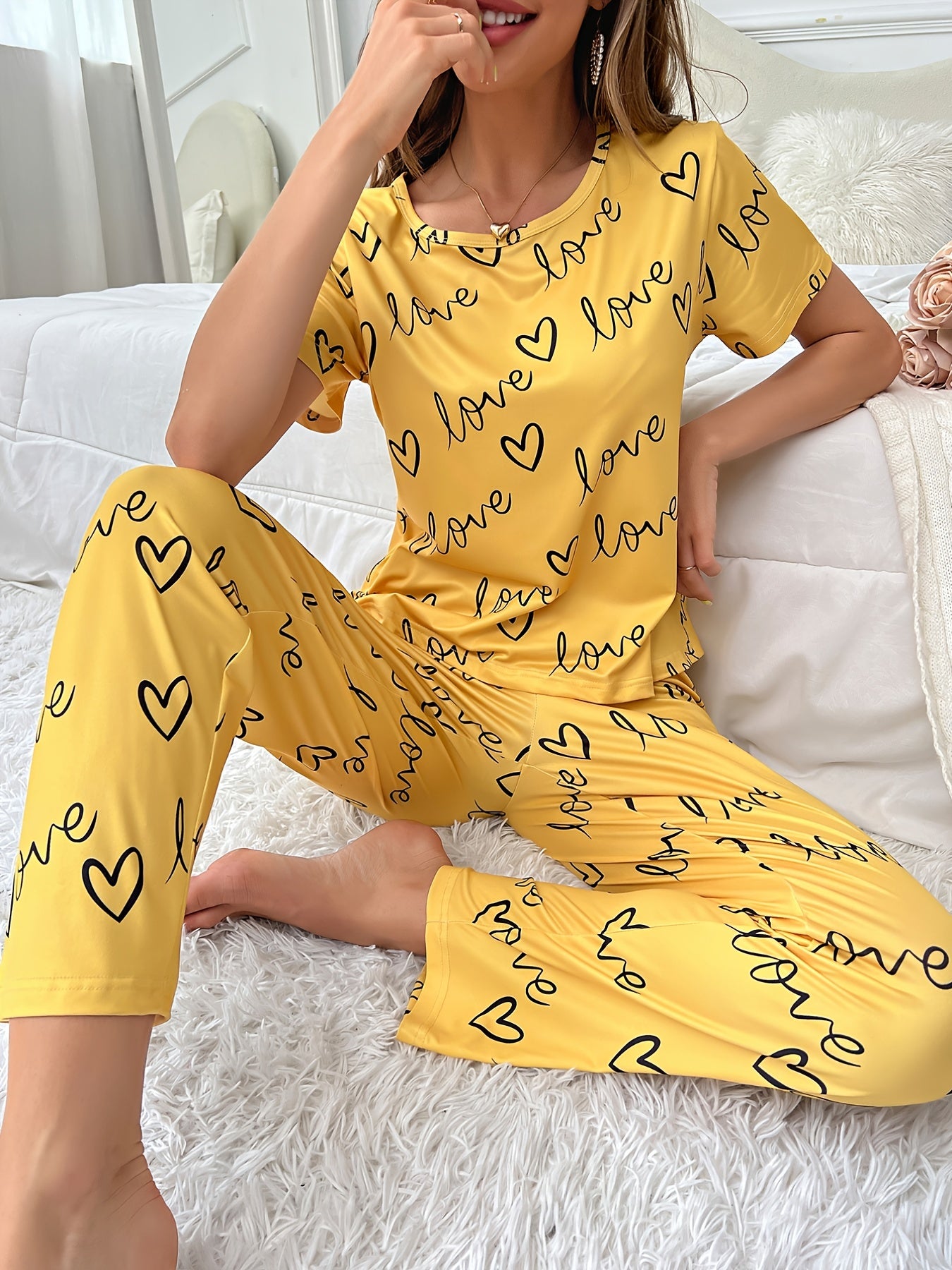Pink Pajamas Set with Love & Hearts Print Short Sleeve Top & Elastic Waist Pants
