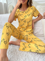 Pink Pajamas Set with Love & Hearts Print Short Sleeve Top & Elastic Waist Pants