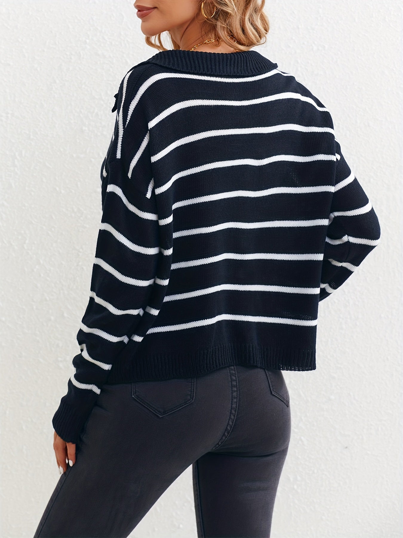 Striped Print Drop Shoulder Knit Sweater Casual V Neck Long Sleeve Sweater