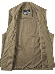 Men's Zipper Pockets Cargo Vest, Stand Collar Zip Up Vest