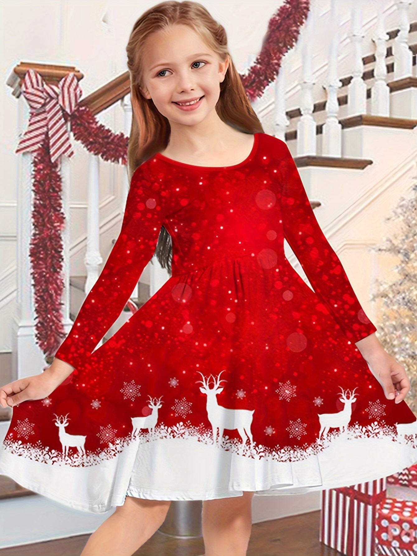 Reindeer Graphic Dress Girls Christmas Gift