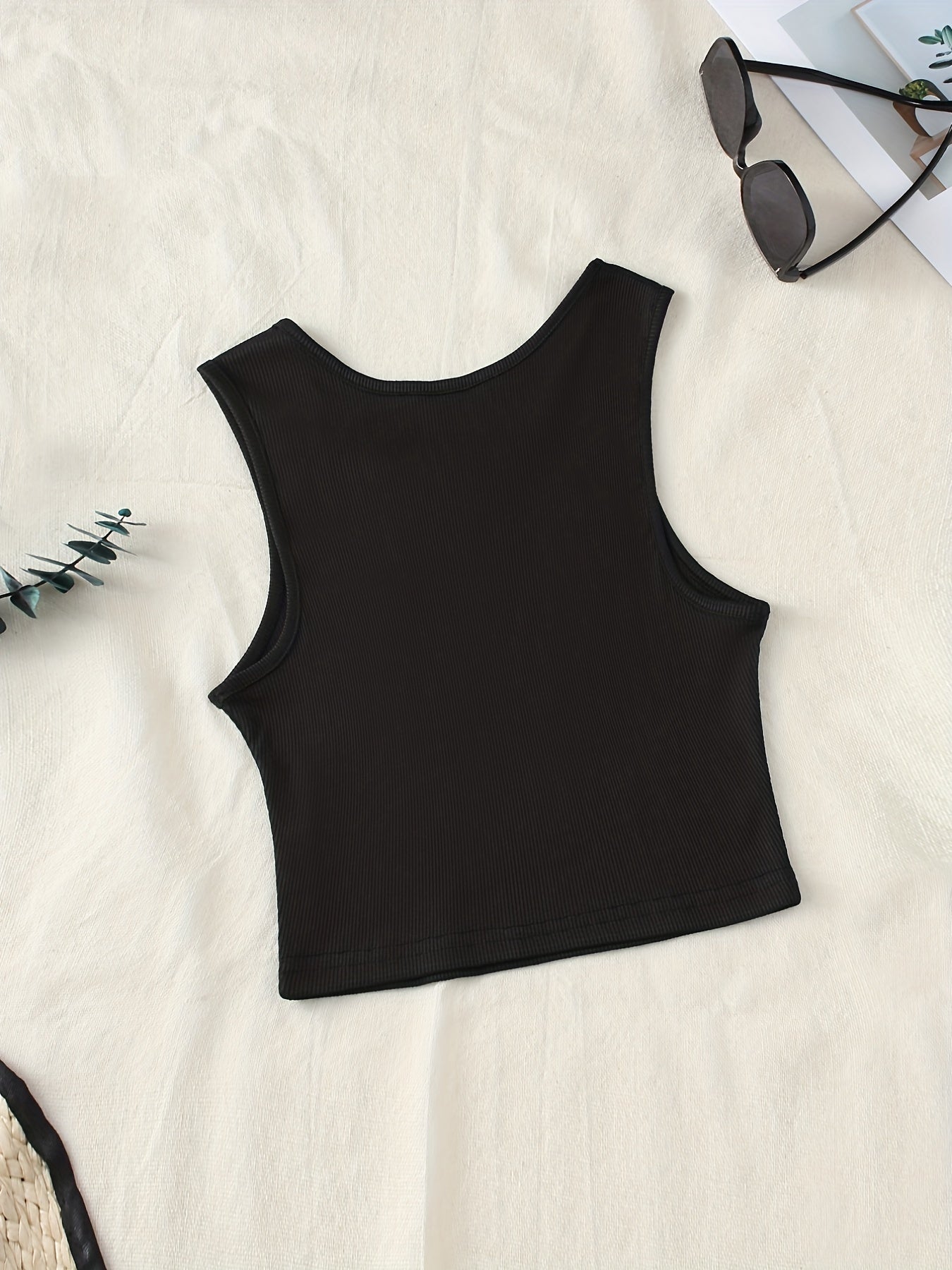 Ribbed Sleeveless Crop Top Round Neck Sports Tank