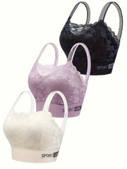 3pcs Wireless Lace Bras Scallop Trim Comfy & Breathable Women's Lingerie