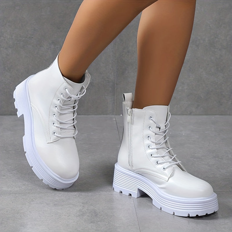 Platform Combat Boots Lace Up Zipper Ankle Faux Leather Short Boots