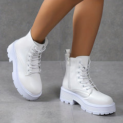 Platform Combat Boots Lace Up Zipper Ankle Faux Leather Short Boots
