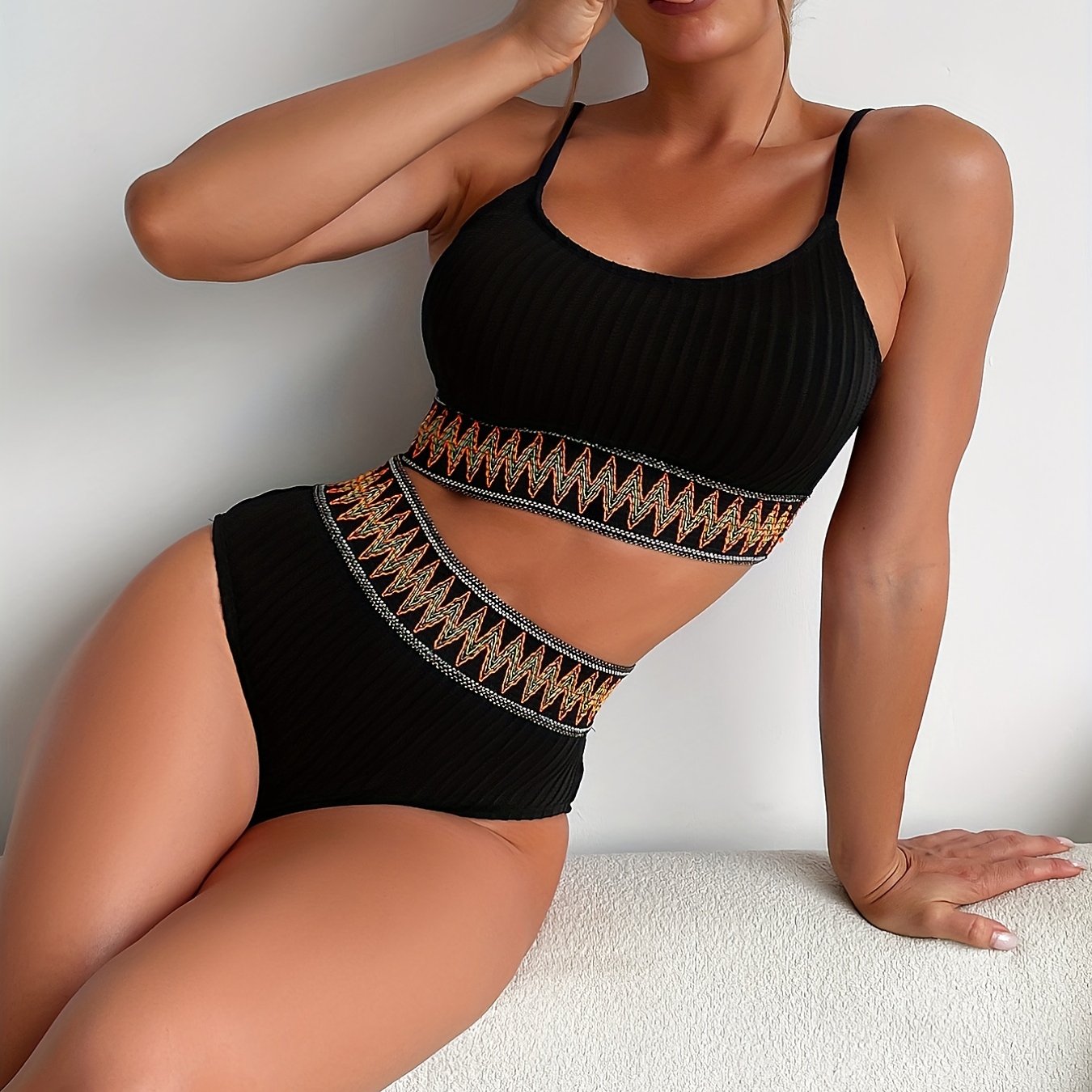 Scoop Neck High Waist Band Bikini Set Two Piece Swimsuit Women's Swimwear