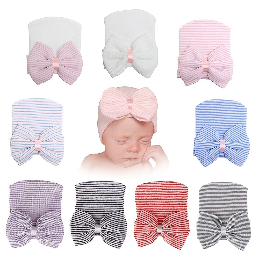 Newborn Infant Bow Decor Striped Knitted Head Wrap Hospital Hat
