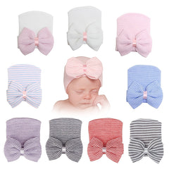 Newborn Infant Bow Decor Striped Knitted Head Wrap Hospital Hat