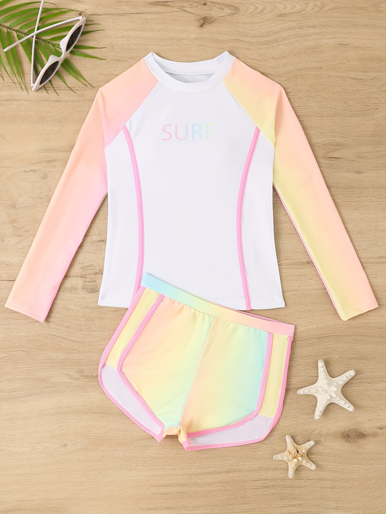 Tie Dye Swimwear Set 2pcs Girls Gradient Long Sleeve Top Shorts Set