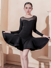 Girls Solid Crew Neck Long Sleeve Latin Dress for Dance Gymnastics Performance