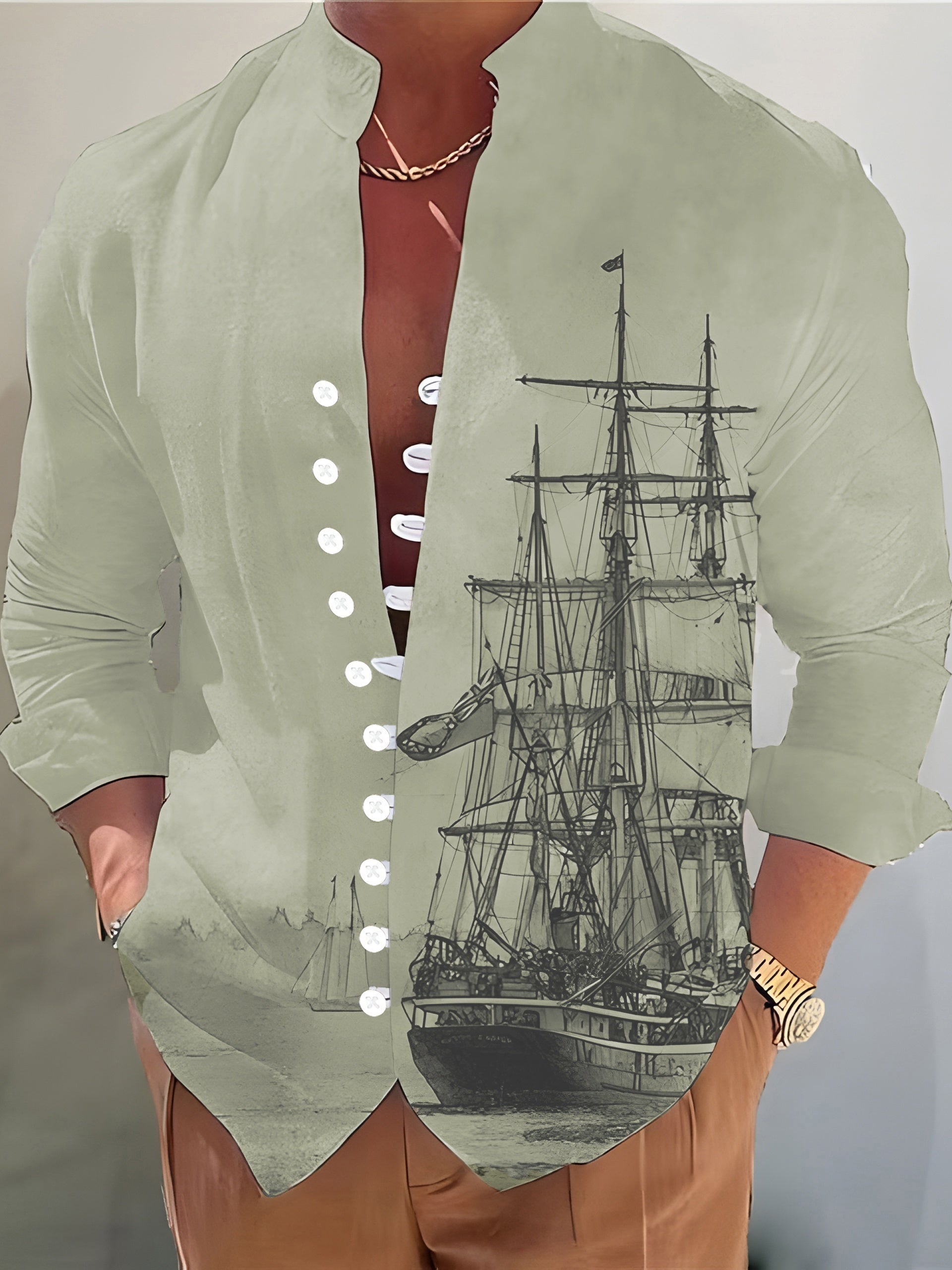 Sailboat 3D Pattern Print Men's Casual Long Sleeve Shirt