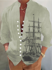 Sailboat 3D Pattern Print Men's Casual Long Sleeve Shirt
