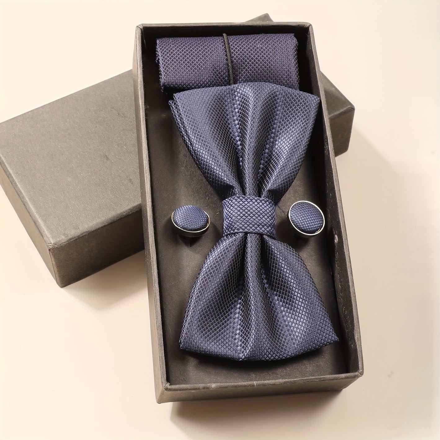 Men's Solid Bow Tie Set Pocket Square Cufflinks Formal Business Wedding