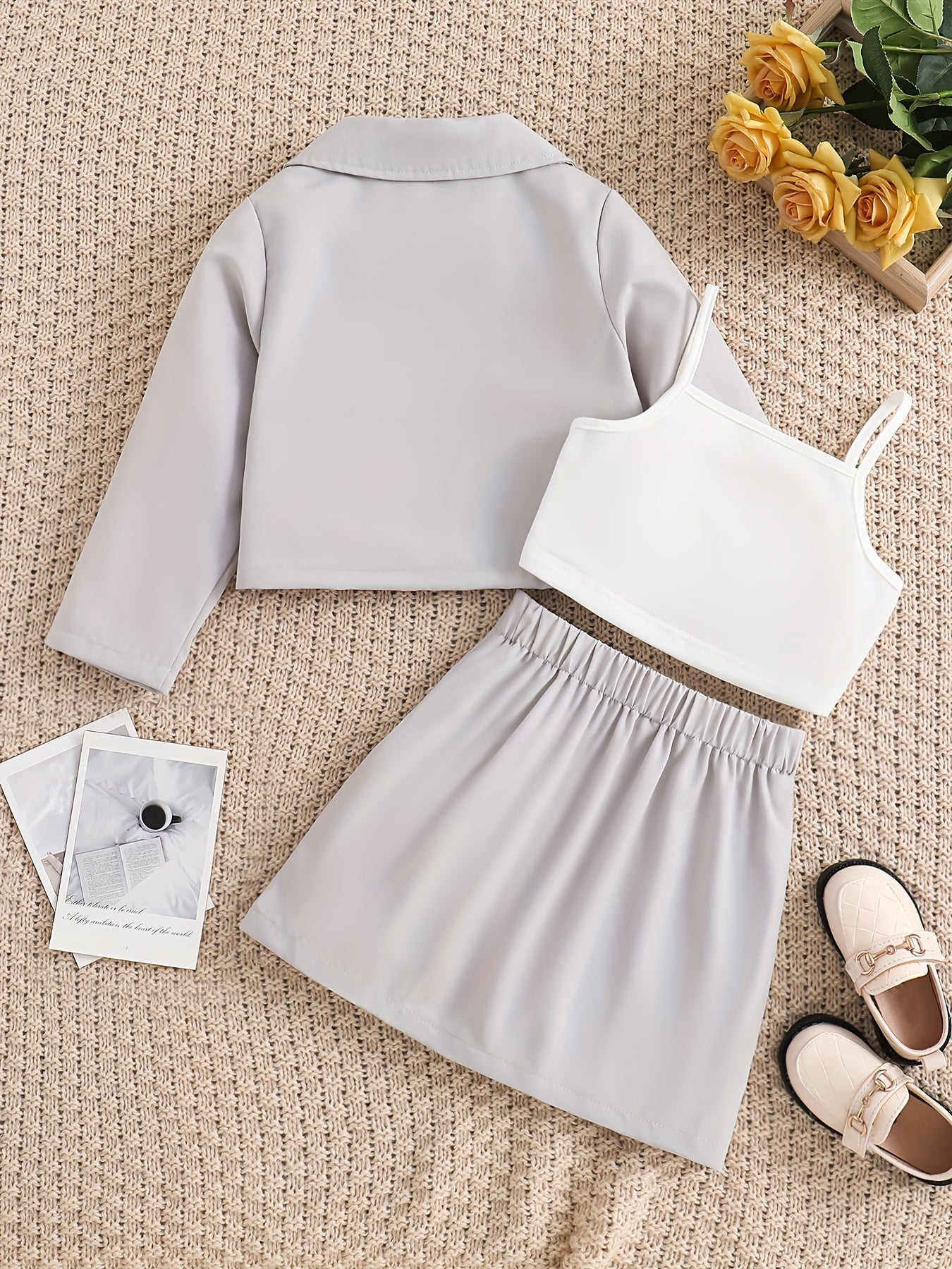 Girl's 3pcs Blazer & Cami Top & Pleated Skirt Set Classic Outfits Kids Clothes