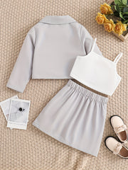 Girl's 3pcs Blazer & Cami Top & Pleated Skirt Set Classic Outfits Kids Clothes