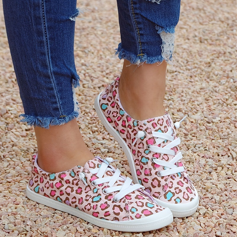 Leopard Print Flat Skate Shoes Lightweight Lace Up Canvas Casual Walking Shoes