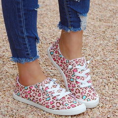 Leopard Print Flat Skate Shoes Lightweight Lace Up Canvas Casual Walking Shoes