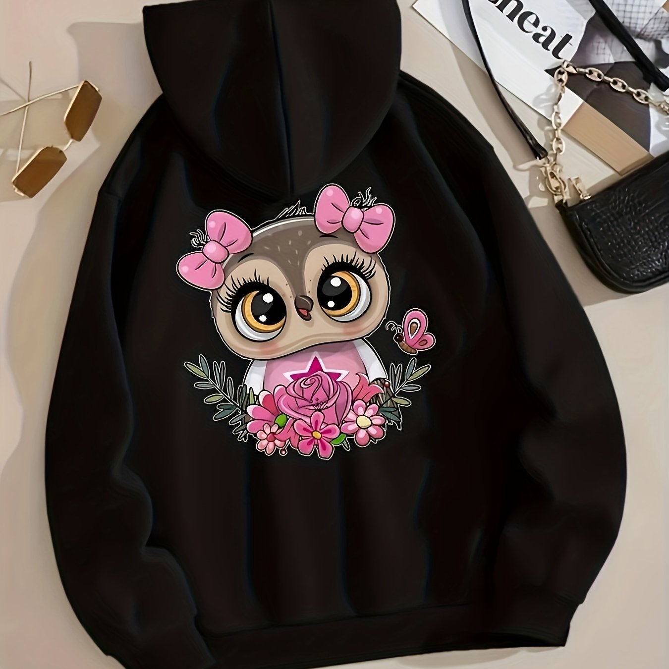 Cartoon Owl Print Hoodie Casual Hooded Sweatshirt for Winter & Fall