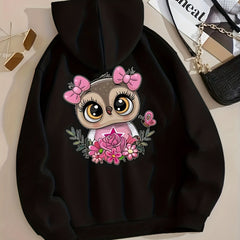 Cartoon Owl Print Hoodie Casual Hooded Sweatshirt for Winter & Fall