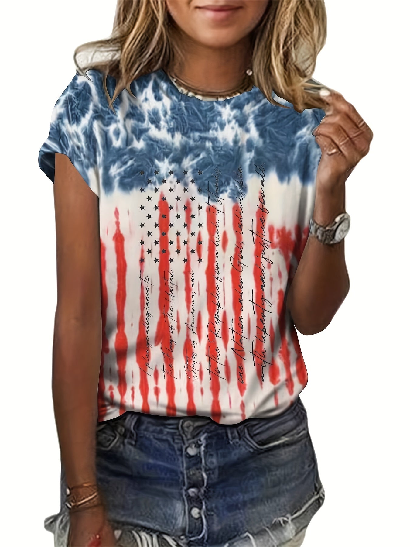 Flag & Letter Print T shirts Round Neck Short Sleeve Casual Top Women's Clothing