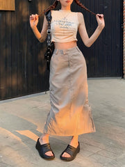 Solid Cargo Skirt High Waist Split Skirt