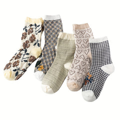 5 Pairs Floral & Heart Print Mid Tube Socks Women's Stockings