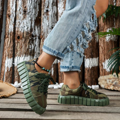 Women's Camo Platform Sneakers Lace Up Outdoor Canvas Running Shoes