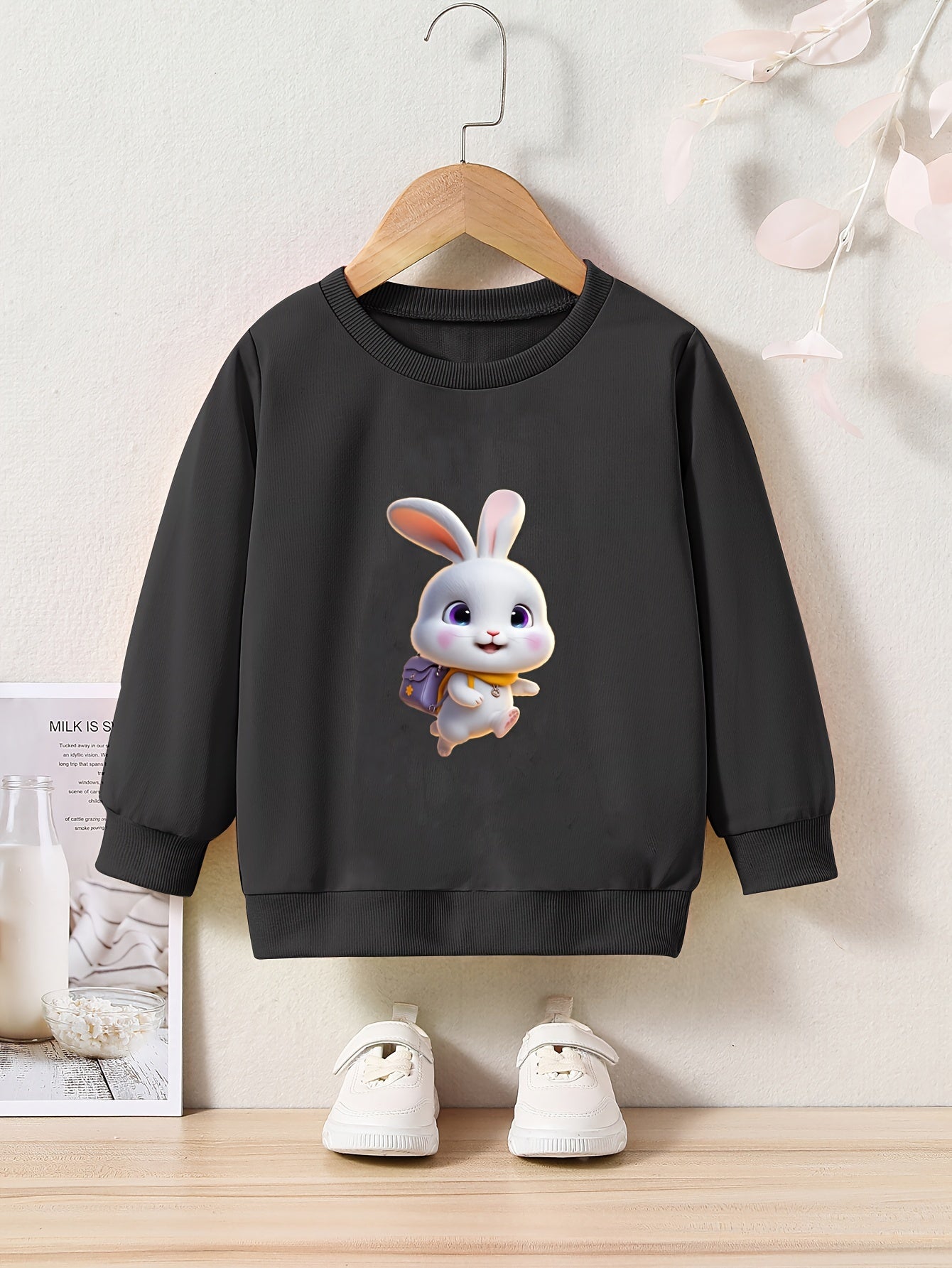 Rabbit Print Girls Casual Pullover Sweatshirt Crew Neck Tops