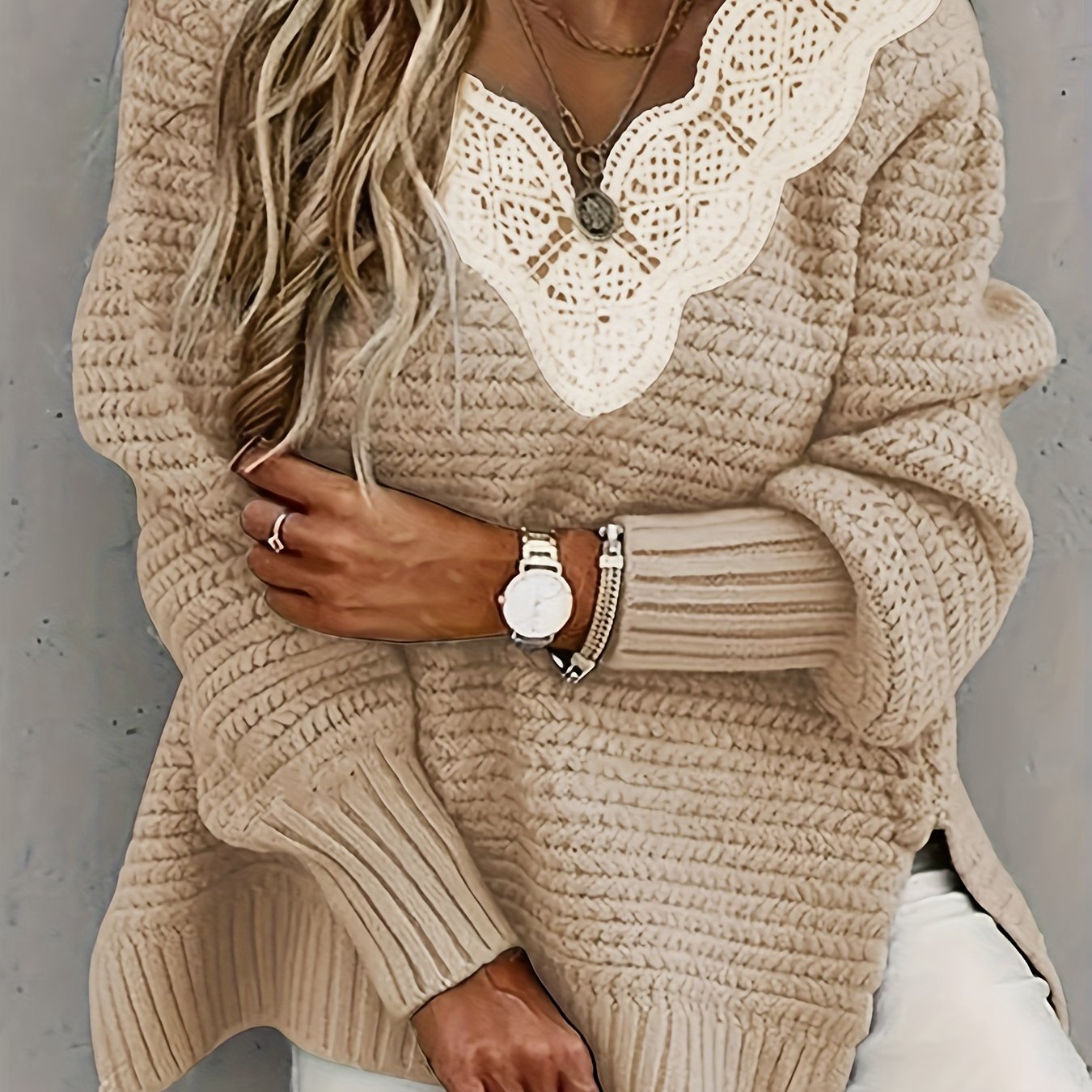 V Neck Lace Sleeve Sweater