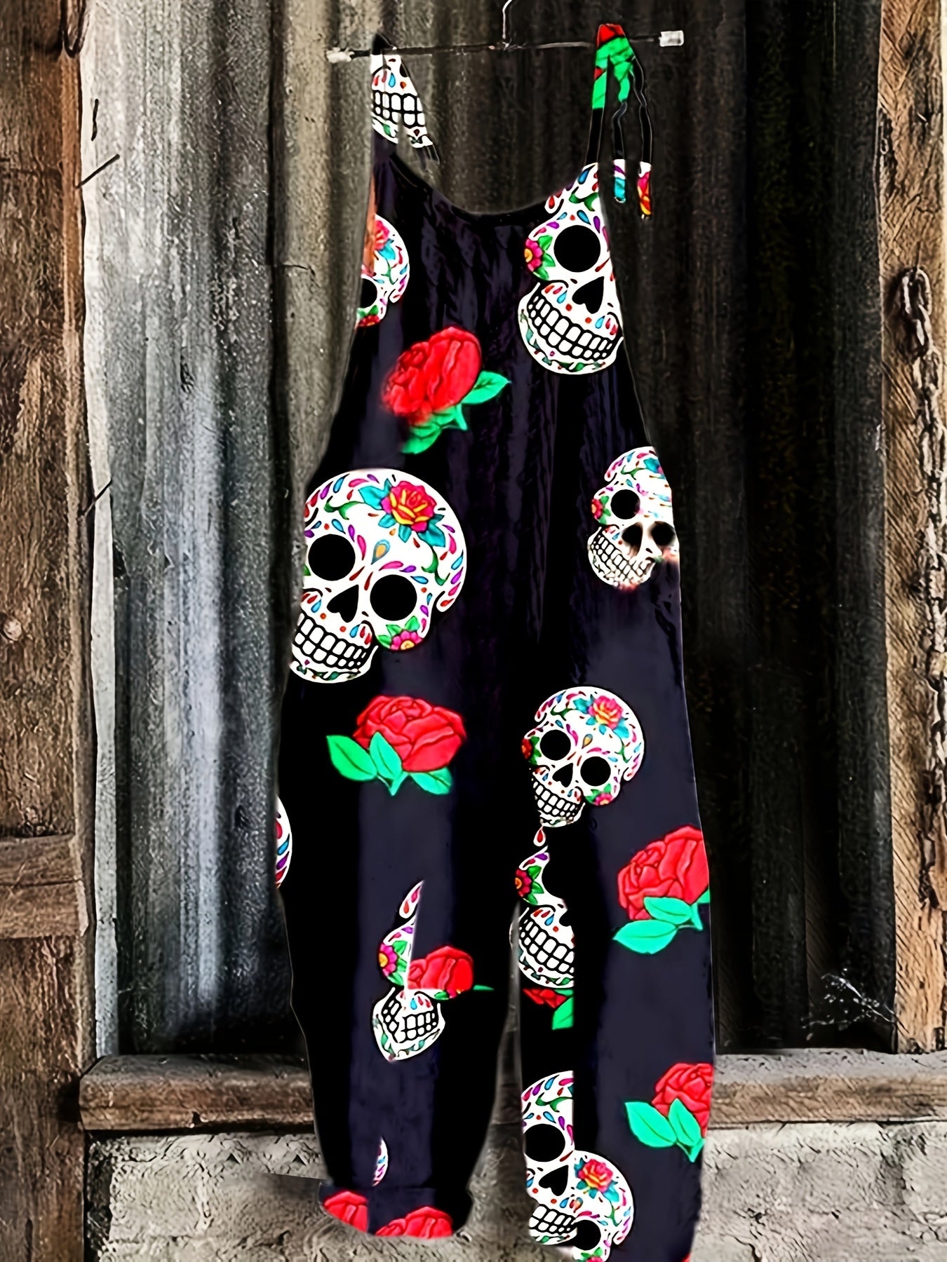 Rose & Skull Print Square Neck Jumpsuit