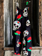Rose & Skull Print Square Neck Jumpsuit