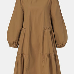 Solid Lantern Sleeve Round Neck Smock Dress