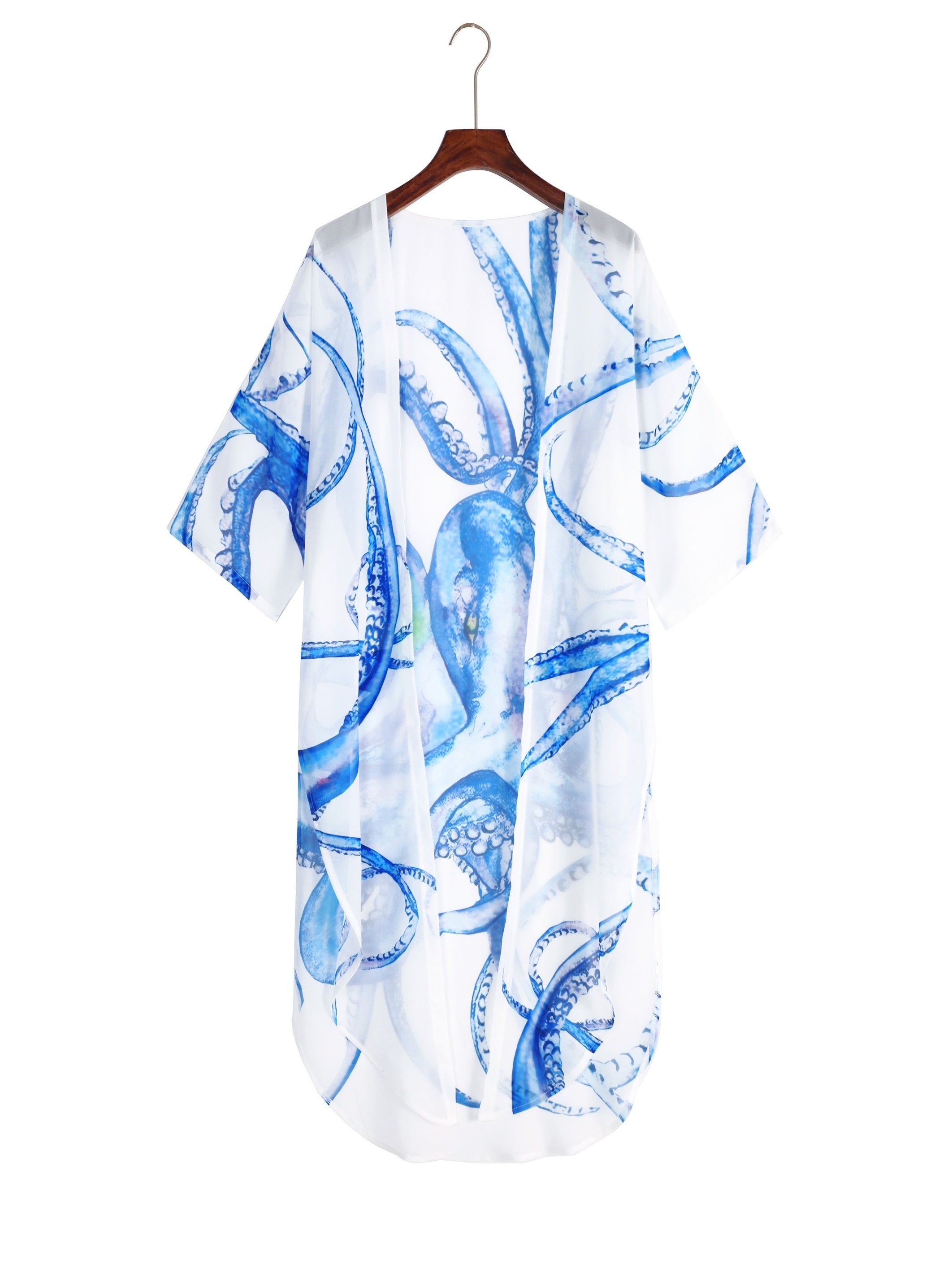 Octopus Print Thigh Split 2 Piece Beachwear Semi Sheer Kimono Cover Up & Pants