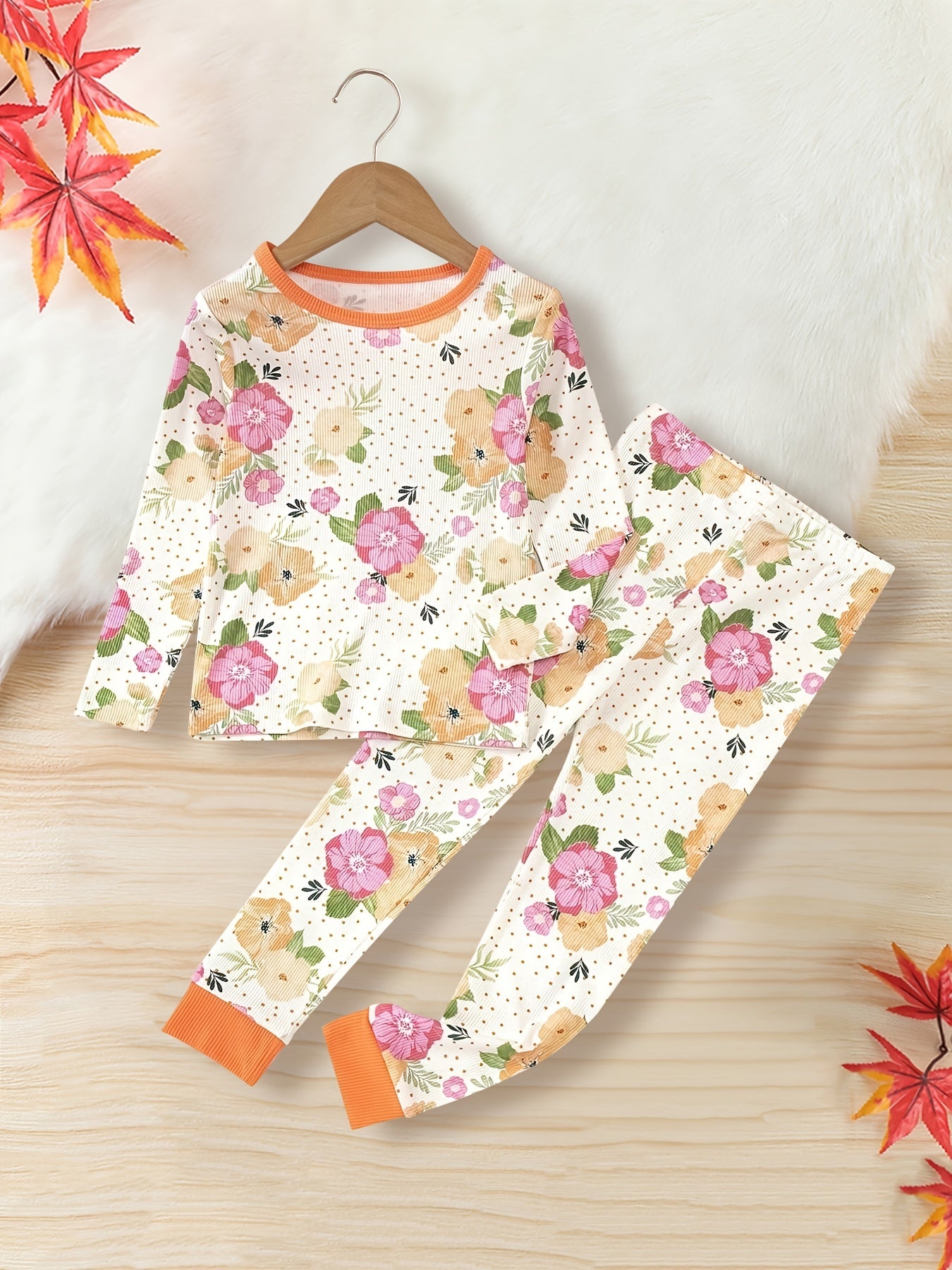 Floral Pattern Kid's Pajamas 2pcs Set Long Sleeve Top & Pants