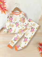Floral Pattern Kid's Pajamas 2pcs Set Long Sleeve Top & Pants