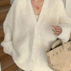 Fuzzy Button Front Knit Cardigan V Neck Long Sleeve Sweater