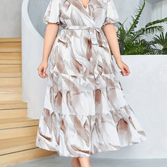 Plus Marble Print Butterfly Sleeve Smock Maxi Dress With Belt