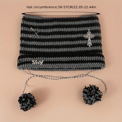 Y2K Cat Beanies Vintage Pom Pom Chain Crochet Hats