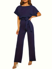 Keyhole Jumpsuit Crew Neck Short Sleeve Wide Leg Jumpsuit