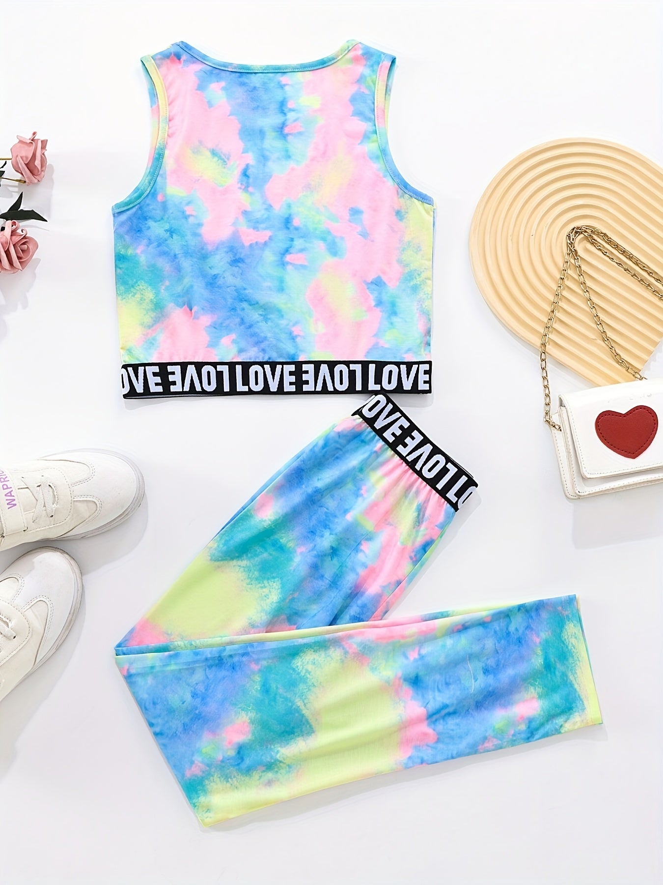 Girls Tie-Dyed Tank Top & High Waist Pants Set