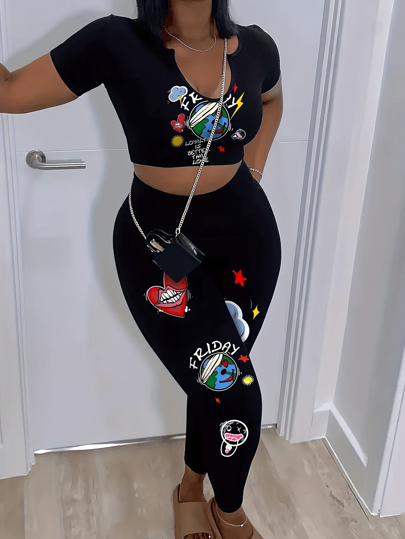 Graphic Print Casual Set Cropped T shirt & High Waist Pants