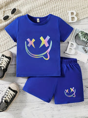 Boys Fun Smile Graphic Print Short Sleeve T-shirt & Shorts Set