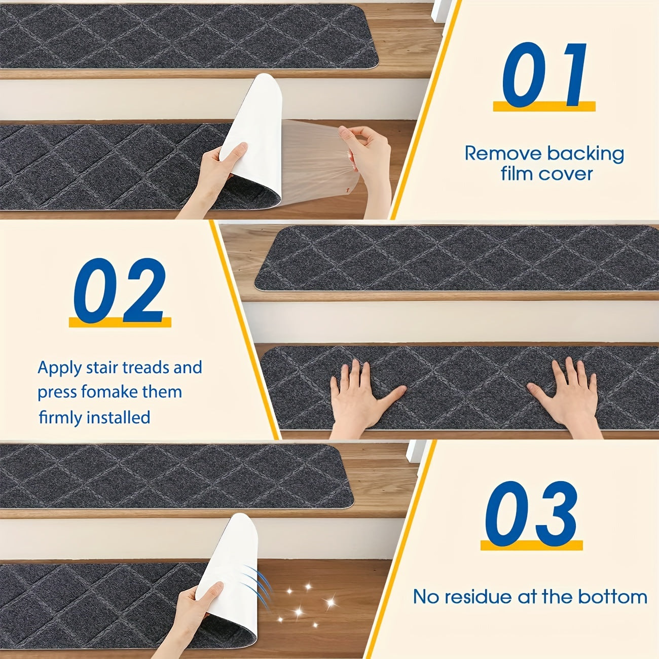 15pcs Stair Treads Carpet Non Slip Indoor Wood Stair Rugs 20 X 76 Diamond Gray