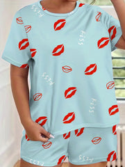Kiss & Lips Print Tee & Shorts Comfort Loungewear Set