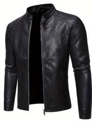 PU Biker Jacket Men's Casual Zip Up Faux Leather Jacket For Fall Winter